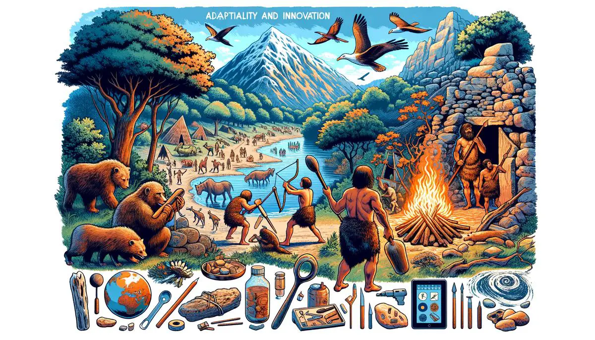 Eine realistische Darstellung des Alltagslebens von Steinzeitmenschen, einschließlich Jagd, Werkzeugnutzung, Feuermachen und Höhlenmalereien