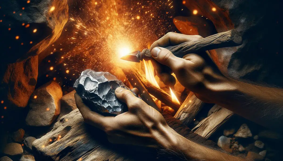 Ein realistisches Bild von Feuerschlagen mit Pyrit und Feuerstein in der Steinzeit