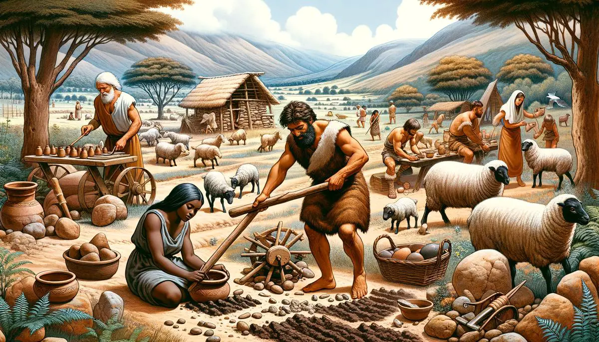 Eine realistische Darstellung des Alltagslebens von Steinzeitmenschen, die Ackerbau betreiben, Tiere züchten und Töpferei praktizieren