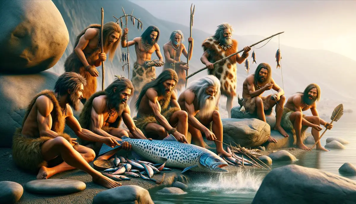 Bild von Steinzeitmenschen bei der Jagd in einer sich wandelnden Landschaft