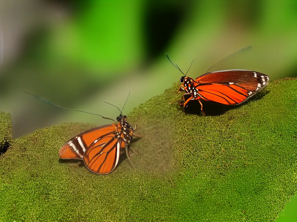 Einfarbiger Schmetterling und eine Motte auf grünem Blatt