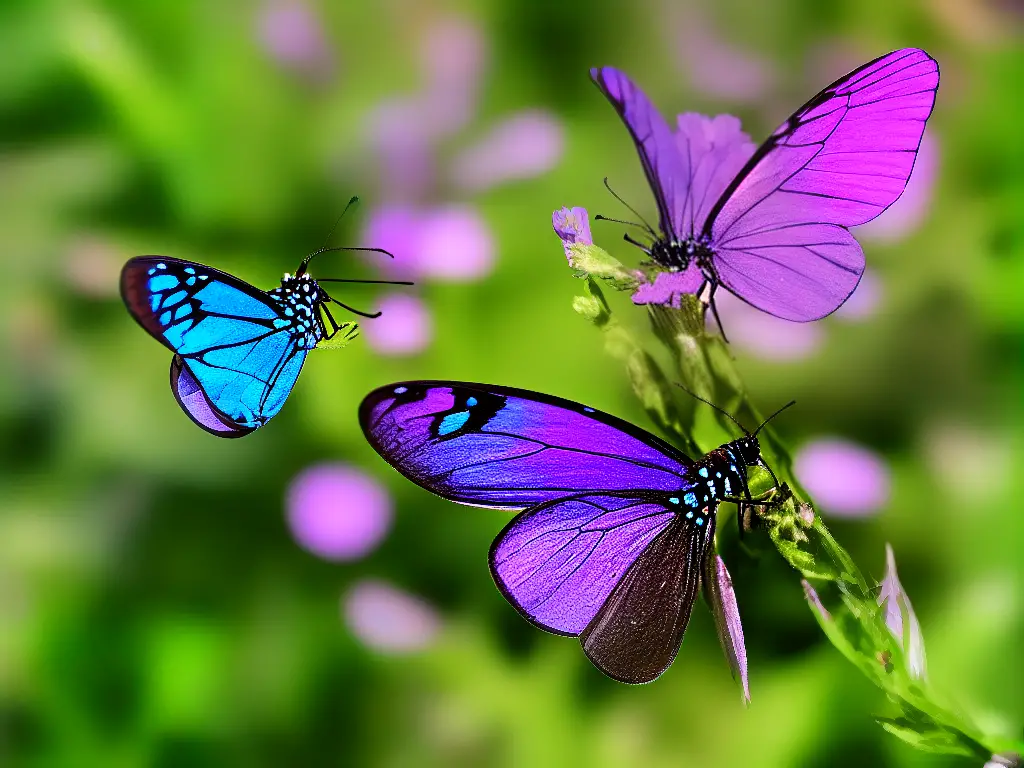 Ein Schmetterling in leuchtenden Farben, der von einer Blume zum Nächsten fliegt.