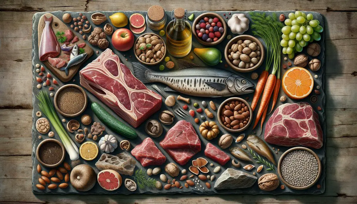 Eine realistische Darstellung von steinzeitlichen Lebensmitteln wie Fleisch, Fisch, Obst, Gemüse, Nüsse und Samen