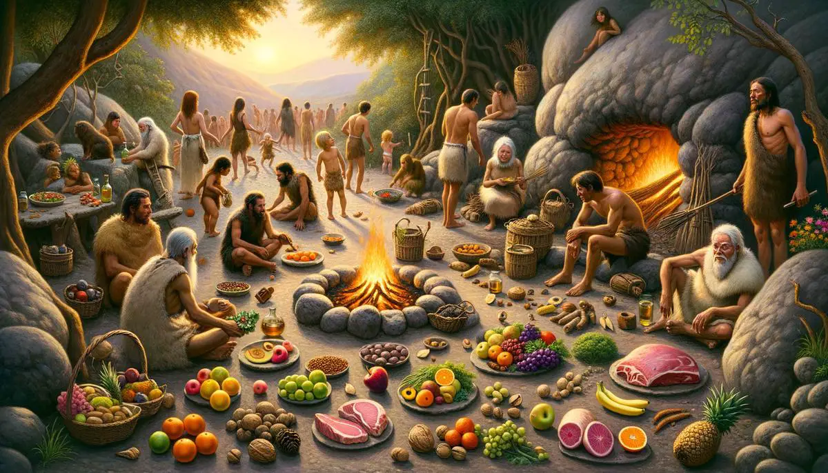 Ein realistisches Bild von steinzeitlicher Ernährung mit verschiedenen frischen Lebensmitteln und einem Feuer im Hintergrund