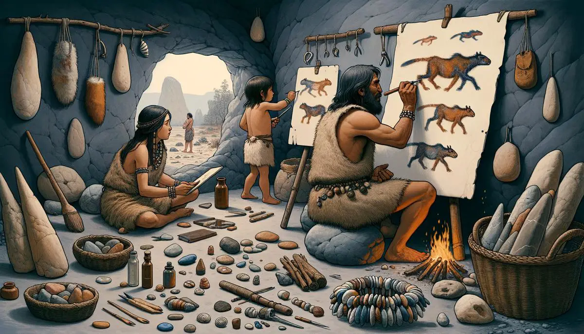 Eine realistische Darstellung des Alltagslebens der Steinzeitmenschen, wie Höhlenmalereien, Schmuckherstellung und künstlerische Ausdrucksformen