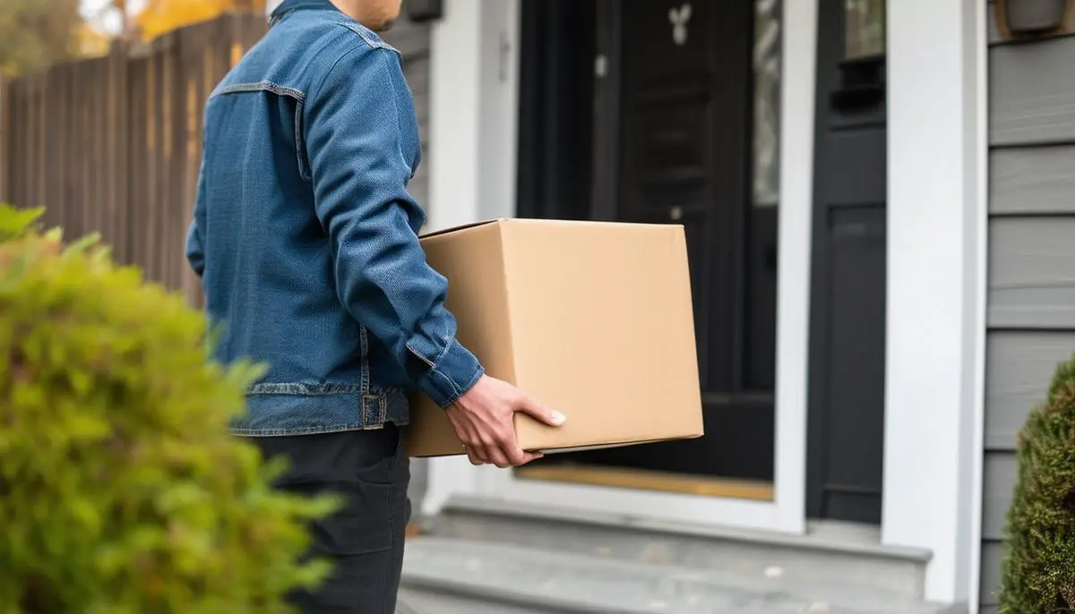Ein Amazon Prime Paket wird an eine Haustür geliefert