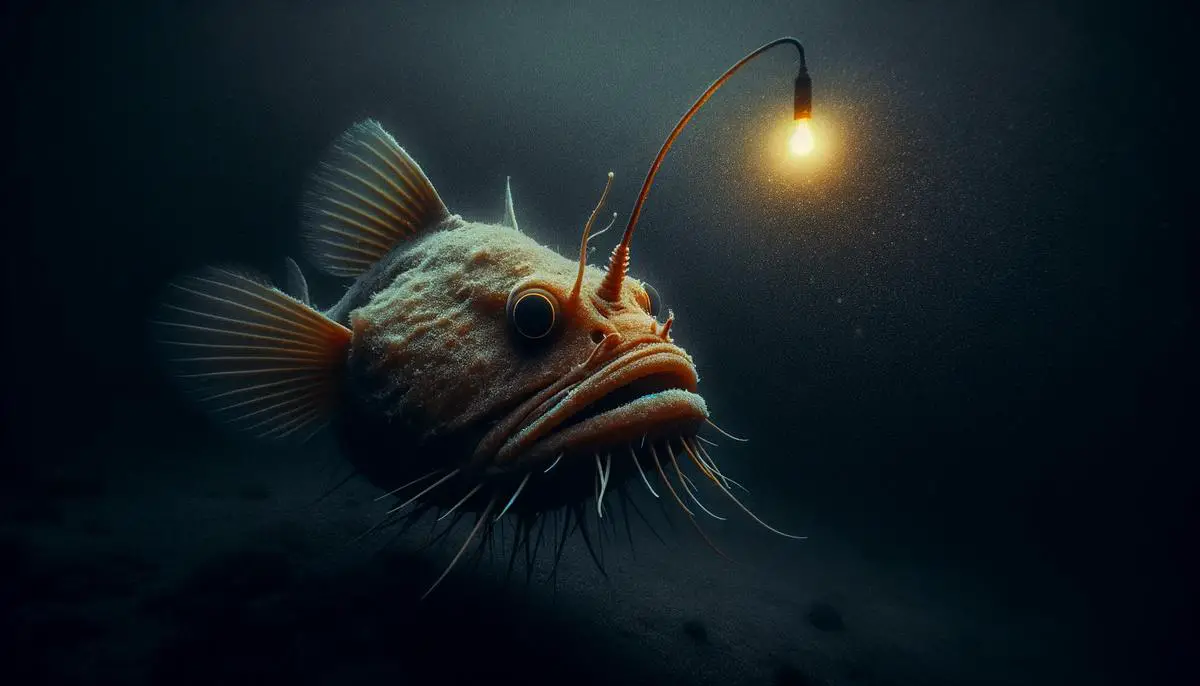 Ein Anglerfisch in der Tiefsee mit seinem charakteristischen leuchtenden Köder, der über seinem Kopf hängt.