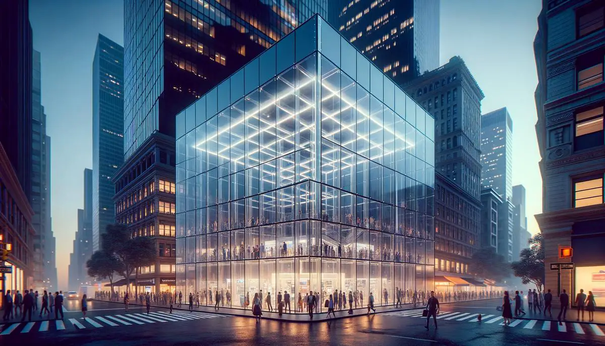 Der ikonische Apple Store an der Fifth Avenue in New York City, ein Glaswürfel, der als Symbol für Apples Design-Ästhetik und Einzelhandelspräsenz steht.