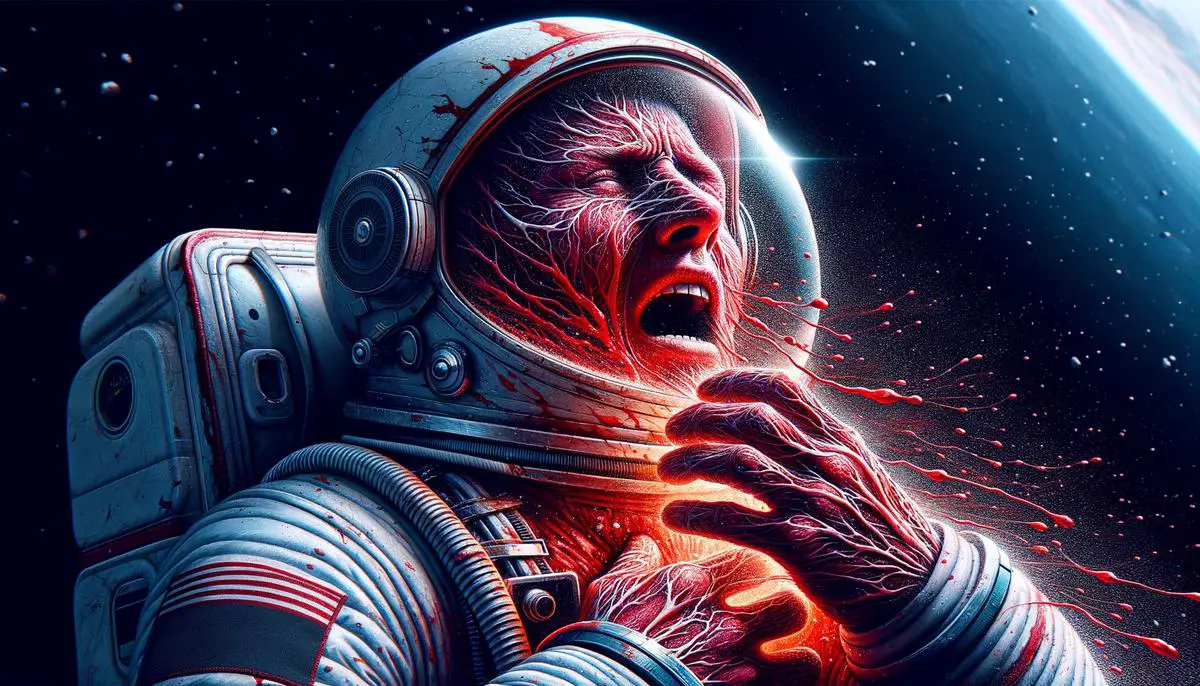 Ein Astronaut im Weltraum ohne Schutzanzug, dessen Blut aufgrund des fehlenden Drucks im Vakuum zu kochen beginnt, was zu Schwellungen und einem gequälten Gesichtsausdruck führt.