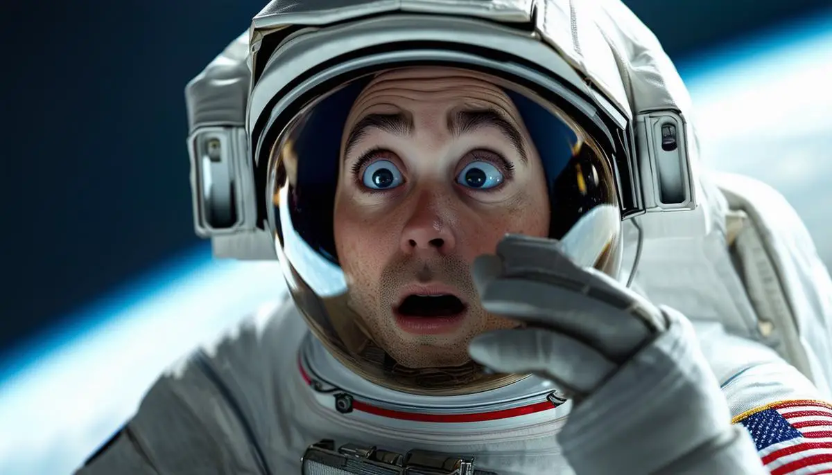 Ein Astronaut in einem Raumanzug hält seinen Helm nah an sein Gesicht, als ob er daran riechen würde, mit einem neugierigen und überraschten Ausdruck im Gesicht, der durch das Helmvisier sichtbar ist.