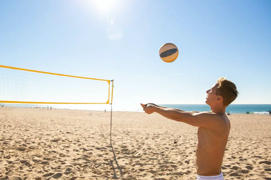A picture of people playing beach volleyball, with sand, sun, and a net in the background.