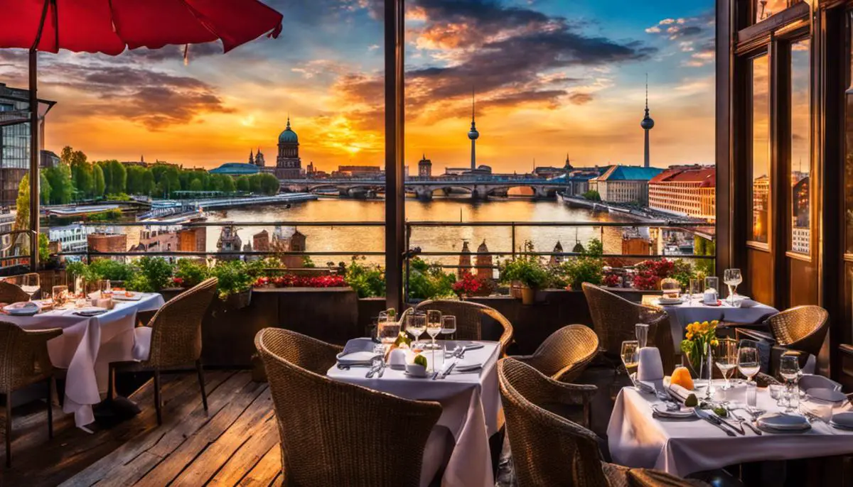 A vibrant image of Berlin's vibrant gastro scene with various dishes and drinks representing the diverse culinary options available in the city