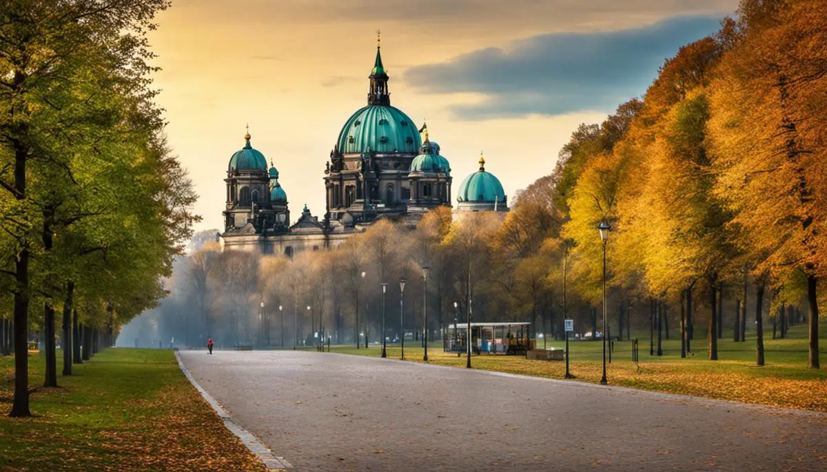 Eine Landschaftsaufnahme von Berlin, mit grünen Parks und hohen Gebäuden.