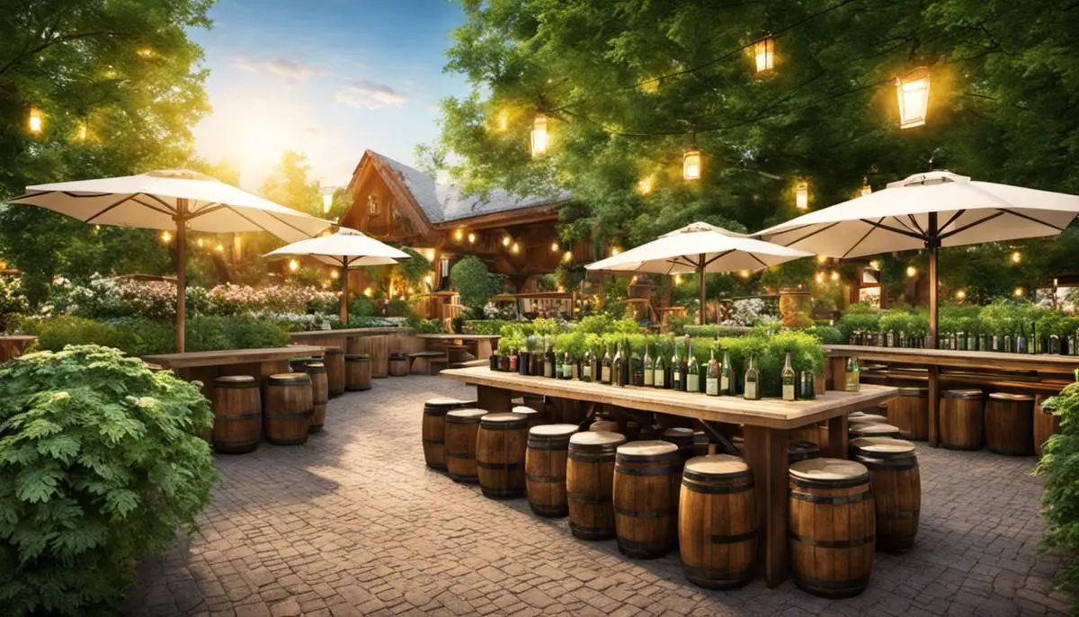 A charming image of a Bavarian beer garden with outdoor seating and greenery
