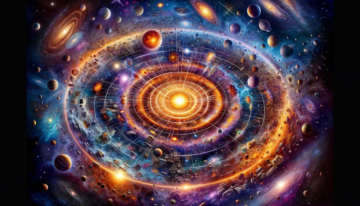 Künstlerische Darstellung des Urknalls, der die Entstehung und Entwicklung des Universums zeigt.