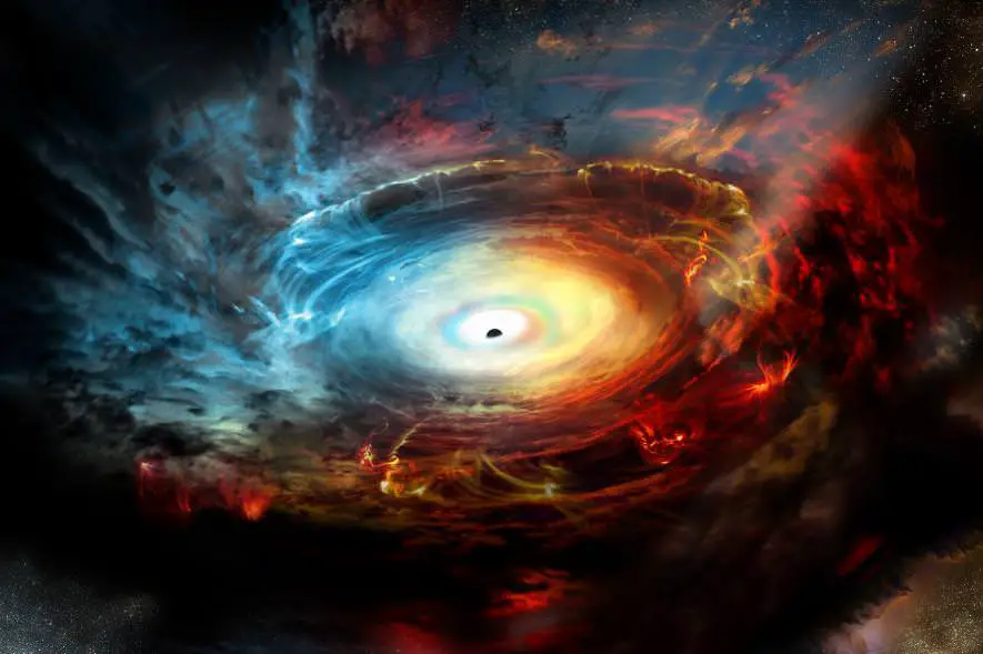 Illustration einer Schwarzloch-Singularität, die die extremen Bedingungen im Inneren eines Schwarzen Lochs darstellt.