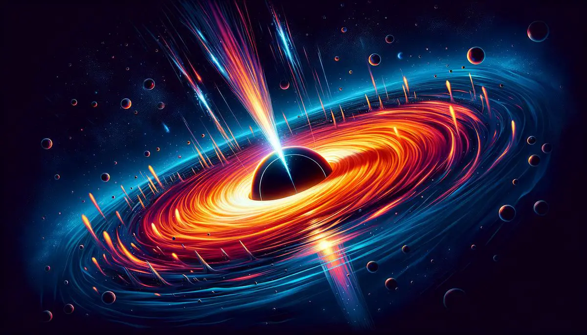 Künstlerische Darstellung eines Schwarzen Lochs, das Materie einfängt und Hawking-Strahlung emittiert.