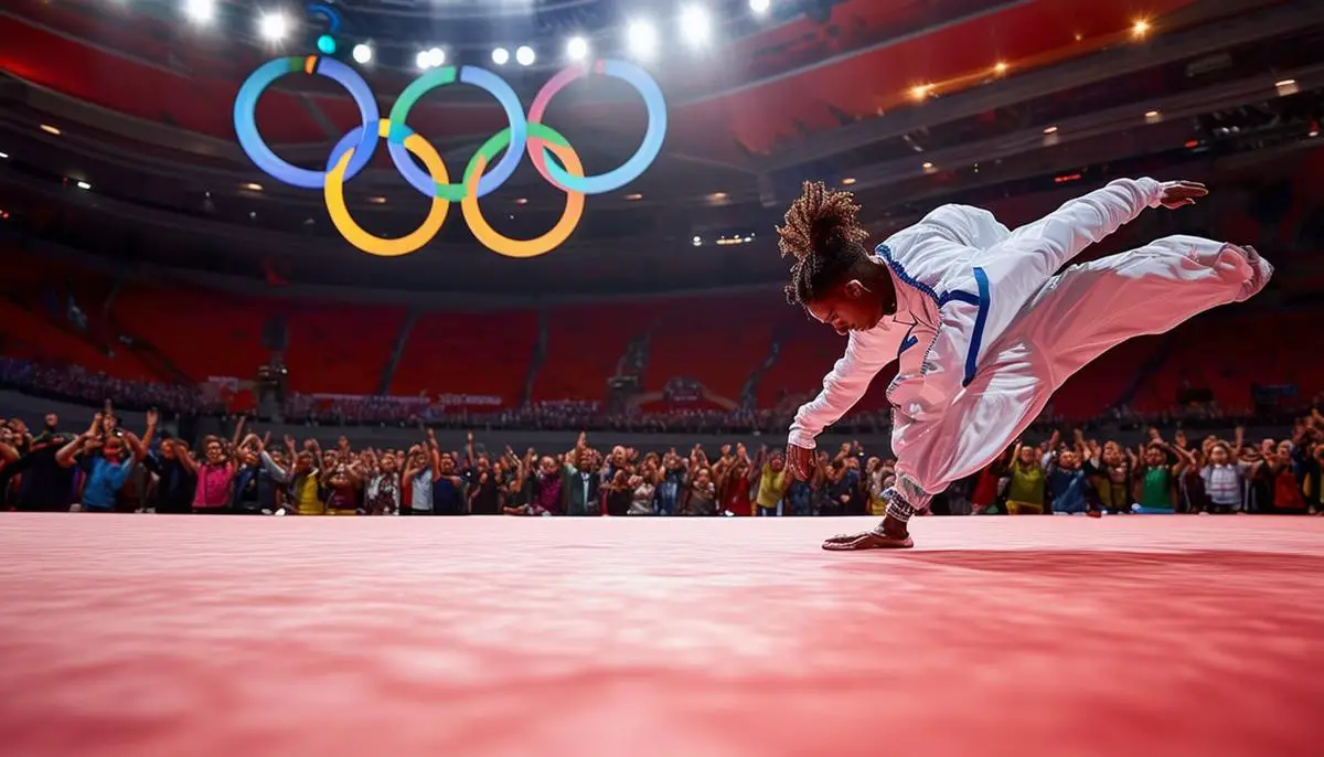 Breakdancer zeigt athletische Moves auf einer olympischen Bühne