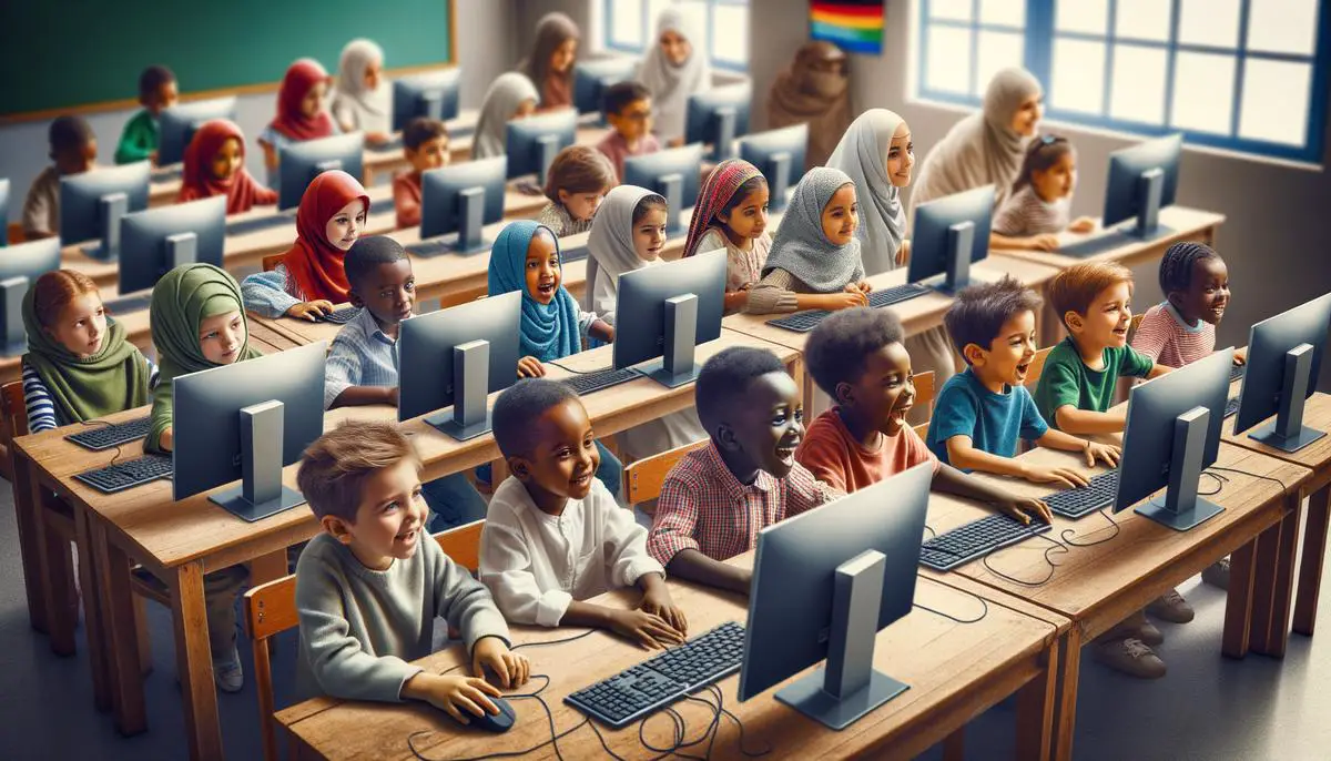 Kinder benutzen Computer in einem Klassenraum in einem Entwicklungsland.