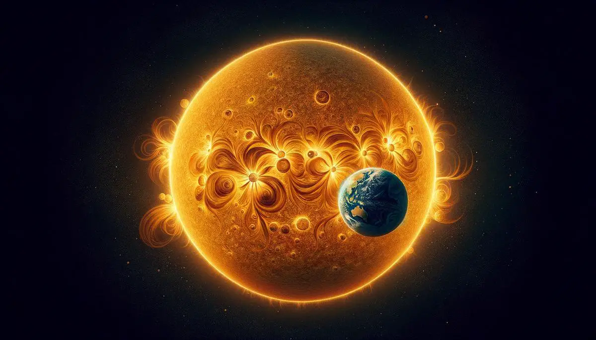 Eine detaillierte Illustration, die die Größe der Sonne im Vergleich zur Erde veranschaulicht und ihre oberflächlichen Besonderheiten wie Sonnenflecken und -fackeln zeigt.