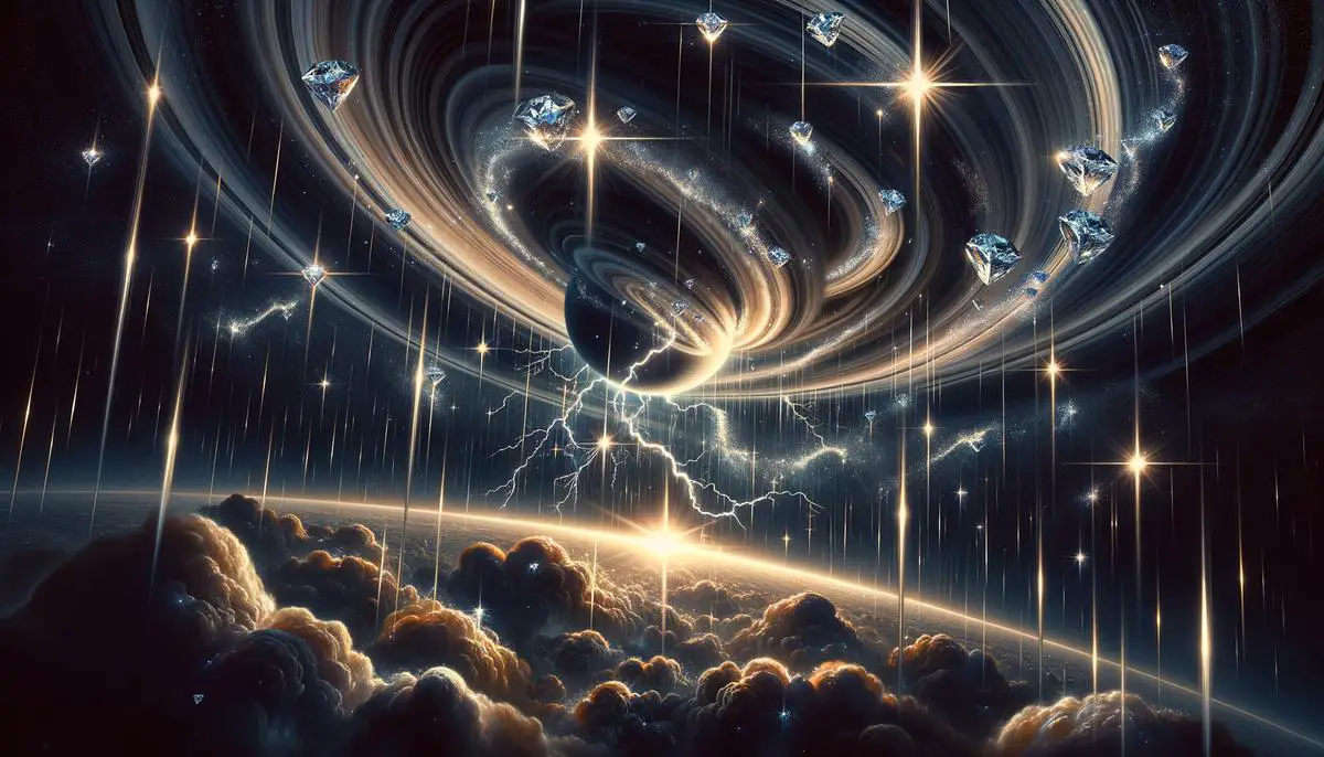 Eine künstlerische Darstellung des Diamantenregens auf Saturn, mit dunklen, wirbelnden Wolken, die von brillanten Blitzen erhellt werden, und glitzernden Diamanten, die inmitten der Wolken fallen und das Licht einfangen.