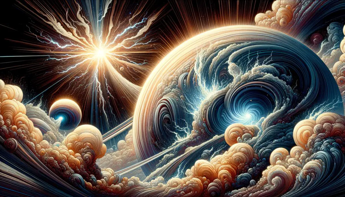 Eine faszinierende Darstellung der Gasriesen Saturn und Jupiter mit gewaltigen Stürmen, von denen Diamantenkristalle durch die Atmosphären regnen.