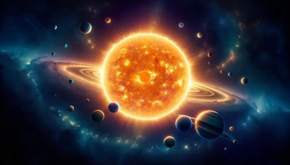 Eine künstlerische Darstellung, die die überwältigende Größe und Masse der Sonne im Verhältnis zu den Planeten und dem Rest des Sonnensystems verdeutlicht.