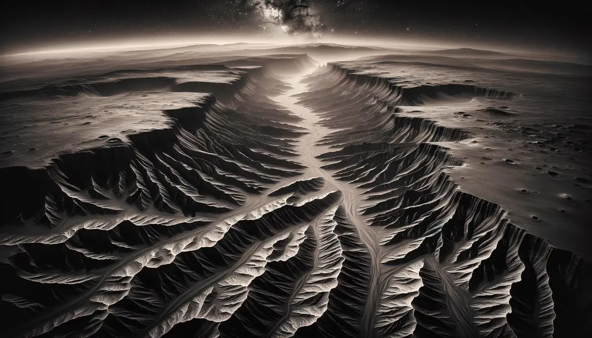 Eine atemberaubende Vogelperspektive der gigantischen Valles Marineris, des größten Grabensystems im Sonnensystem, das sich über tausende Kilometer über die Mars-Oberfläche erstreckt.