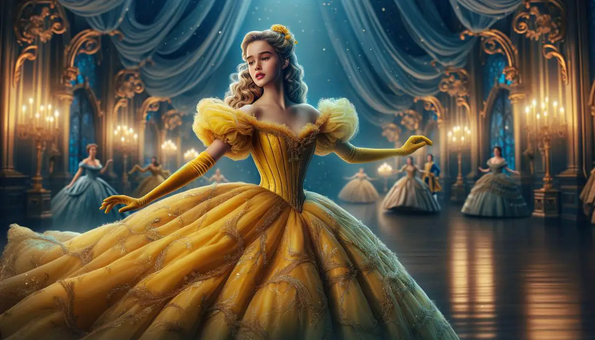 Emma Watson als Belle in 'Die Schöne und das Biest'. Sie trägt ein prachtvolles gelbes Ballkleid und tanzt anmutig in einem verzauberten Ballsaal, was ihre schauspielerische Vielseitigkeit und ihren ikonischen Filmmoment zeigt.