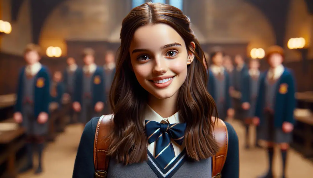Ein Bild der jungen Emma Watson als Hermine Granger in 'Harry Potter und der Stein der Weisen'. Sie trägt ihre ikonische Hogwarts-Uniform und lächelt neugierig und aufgeregt in die Kamera.
