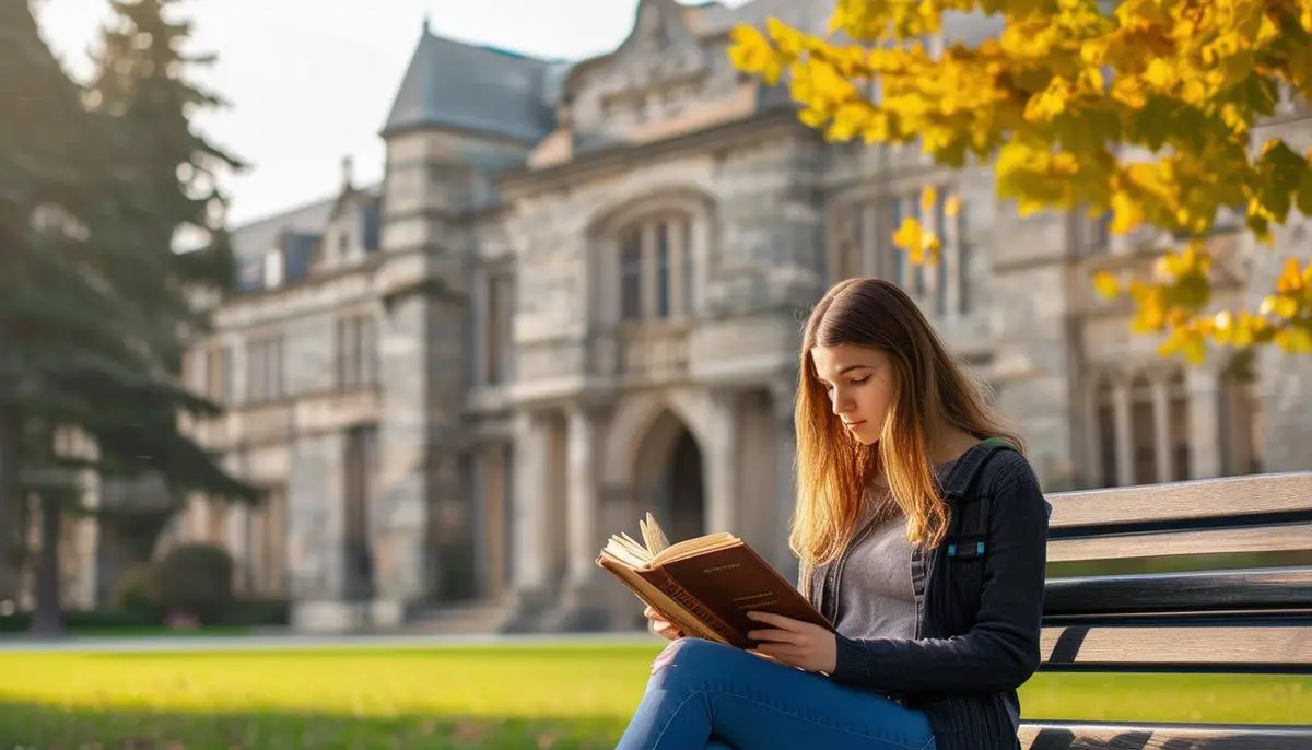 Emma Watson als Studentin auf dem Campus der Brown University. Sie sitzt auf einer Bank, umgeben von historischer Architektur, und liest konzentriert ein Buch, was ihre Leidenschaft für Bildung und persönliches Wachstum zeigt.