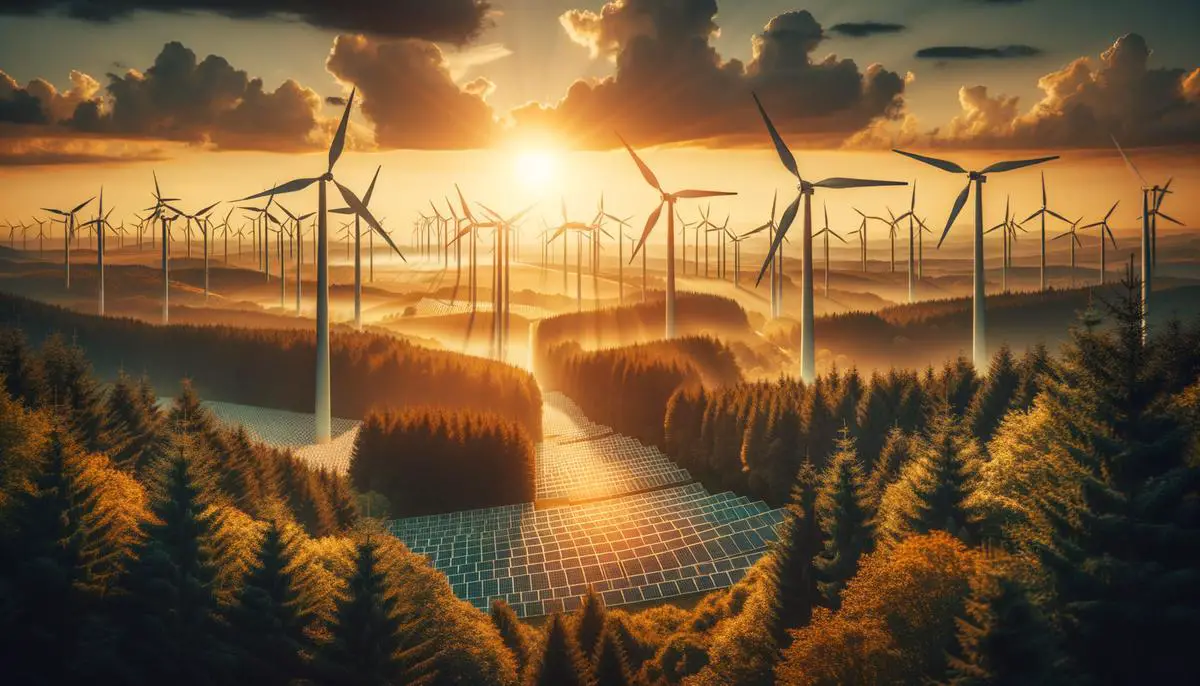 Windkraftanlagen und Solarpanele in einer grünen Landschaft, symbolisch für die Energiewende in Deutschland