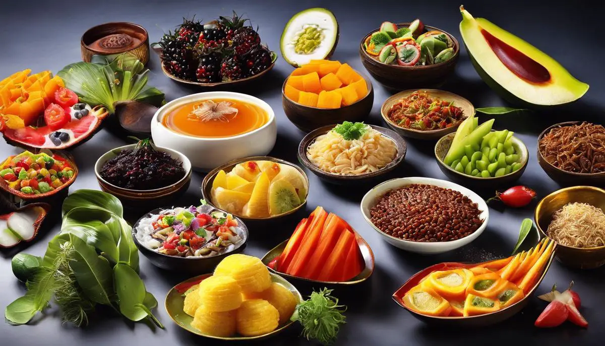 An image of various exotic foods, showcasing their diversity and appeal to the senses.