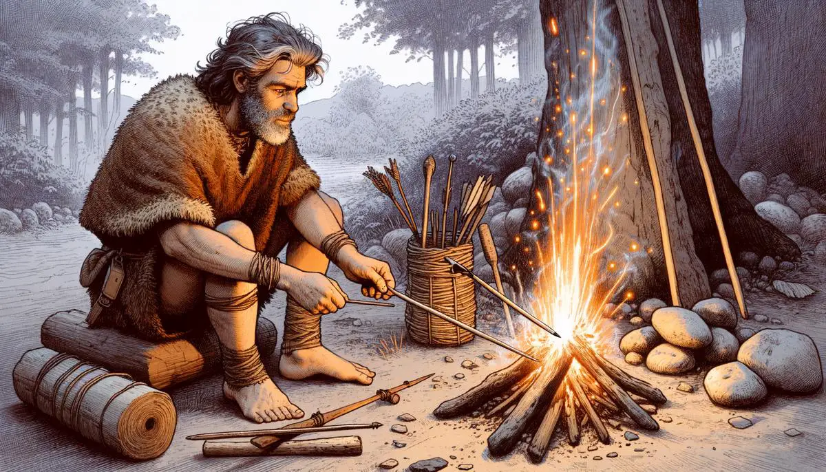 Ein Feuer wird durch Feuerbohren in der Steinzeit entfacht