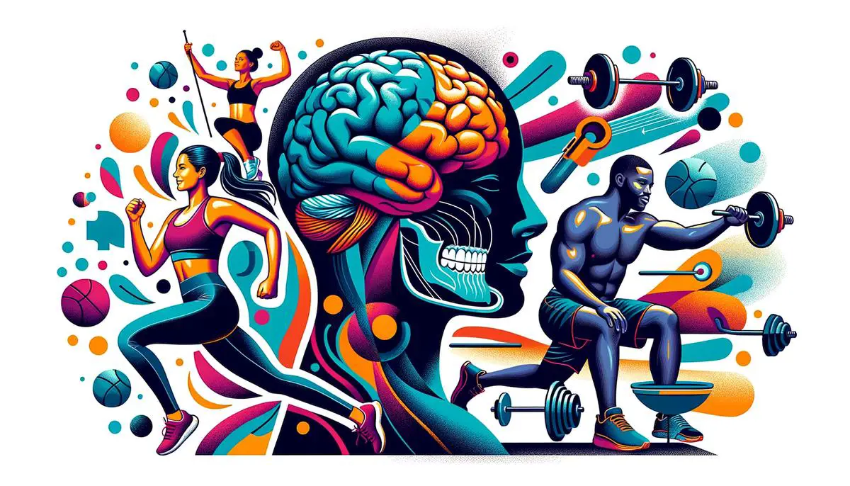 Eine Collage, die verschiedene körperliche Aktivitäten wie Joggen, Yoga und Krafttraining zeigt und deren positive Auswirkungen auf das Gehirn andeutet.