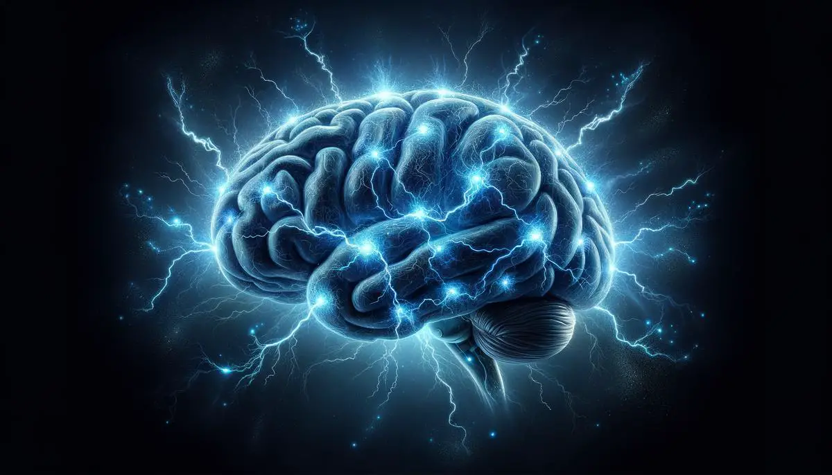 Ein nahes, detailliertes Bild eines menschlichen Gehirns mit Blitzen, die darin zucken und leuchten, auf einem schwarzen Hintergrund.