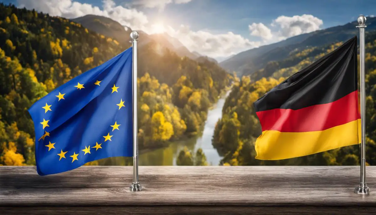 Image of Germany's Flag and the European Union flag representing Germany's role in the EU