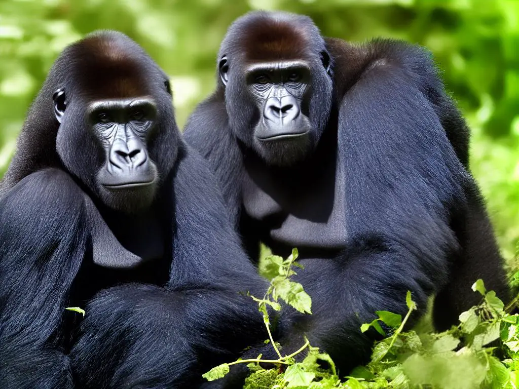 Ein Foto eines Gorillas, der im Regenwald auf einem Ast sitzt und direkt in die Kamera schaut. Der Gorilla hat ein dichtes, schwarzes Fell und sanfte, braune Augen.