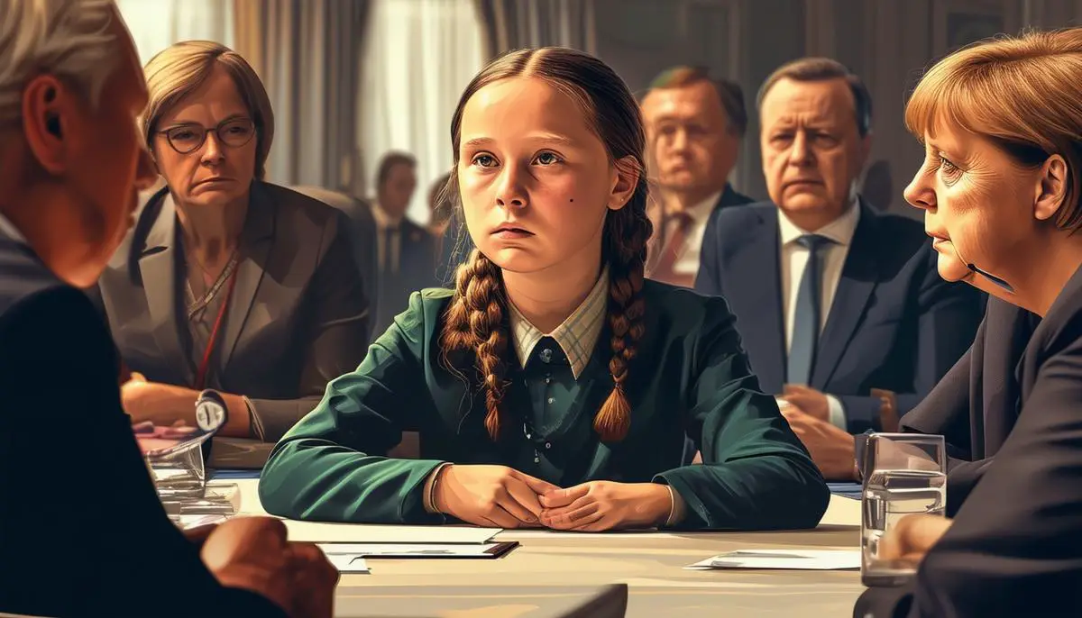 Greta Thunberg sits at a table, engaged in a serious discussion with world leaders, including German Chancellor Angela Merkel. Greta's expression is determined and focused as she articulates her message, while the leaders listen intently, their faces reflecting the gravity of the climate crisis and the impact of Greta's words.