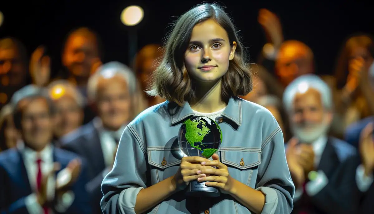 Greta Thunberg stands on stage, holding the Right Livelihood Award, also known as the 'Alternative Nobel Prize.' She looks humbled yet determined, her eyes reflecting the weight of the recognition and the responsibility it represents in her fight against the climate crisis.