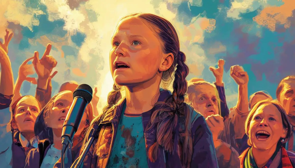 Greta Thunberg delivers a powerful and emotive speech at the 2019 UN Climate Action Summit, her eyes filled with passion and her voice trembling with urgency as she admonishes world leaders for their inaction on the climate crisis, famously asking them, 'How dare you?'