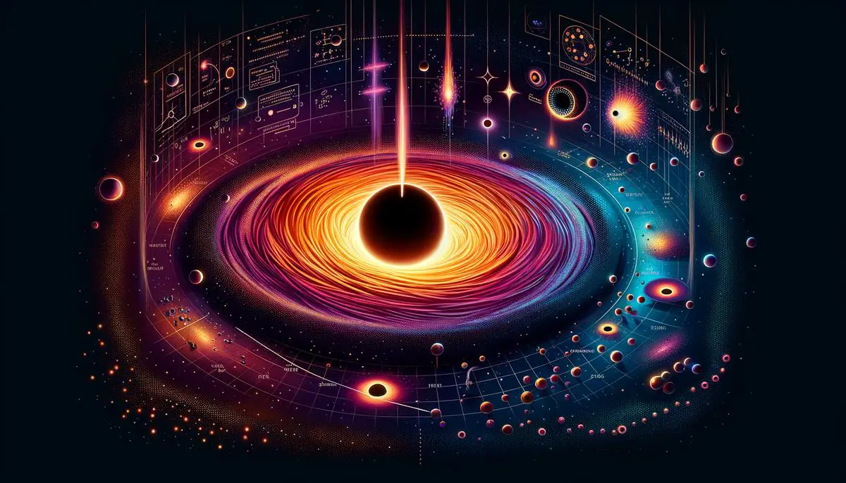 Illustration der Hawking-Strahlung, die zeigt, wie Schwarze Löcher Energie abstrahlen und allmählich 'verdampfen' können.
