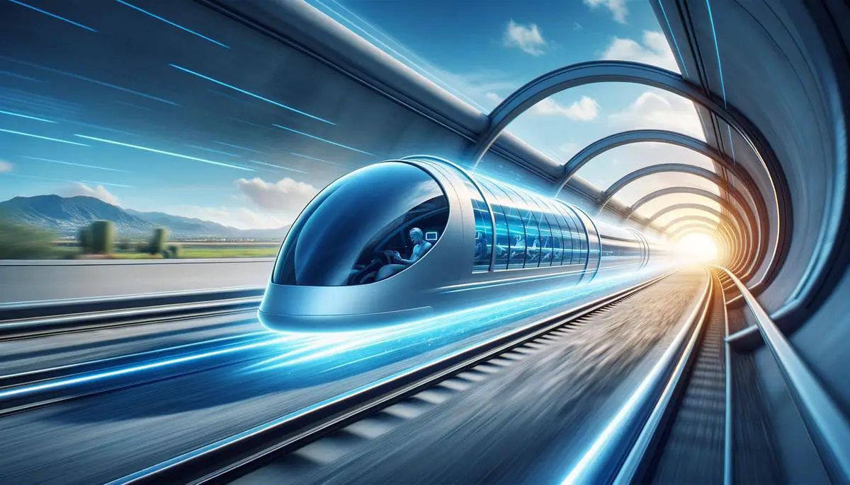 Eine Konzeptdarstellung des Hyperloop-Transportsystems, das Passagiere in Hochgeschwindigkeitskapseln durch Röhren befördert und die Reisezeit drastisch reduziert.