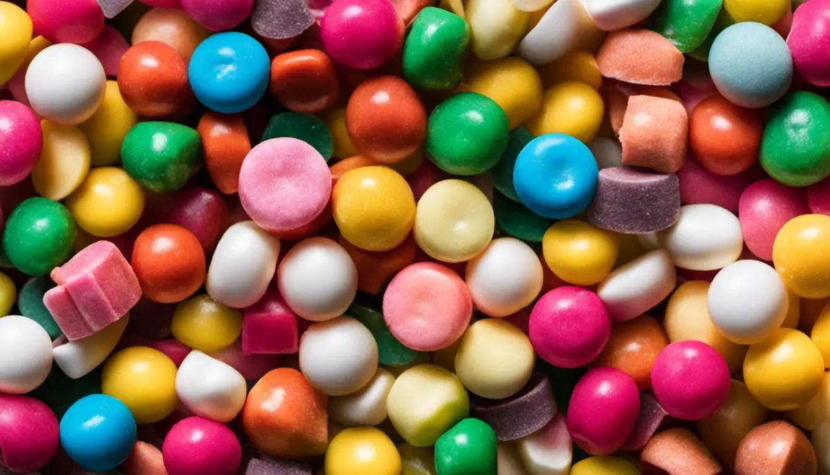 A close-up image of various colorful chewing gums, highlighting the diversity and popularity of gum in society