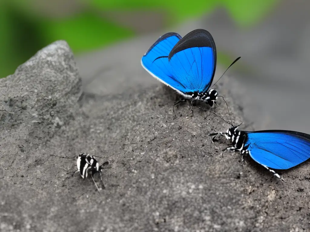 Ein Lepidopterist studiert und beforscht einen wunderschönen blauen Schmetterling mit seinem Bestimmungsbuch in der Hand und Notizen auf einem Block.