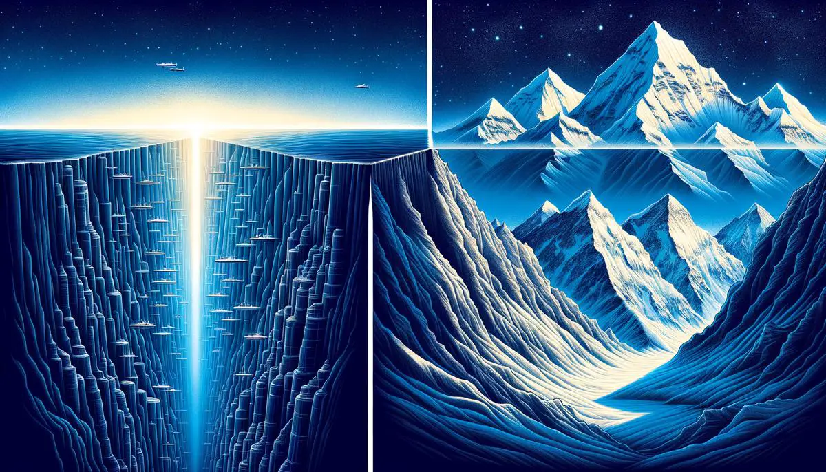 Eine Darstellung des Marianengrabens, der tiefsten Stelle der Weltmeere, mit seiner beeindruckenden Tiefe im Vergleich zum Mount Everest.