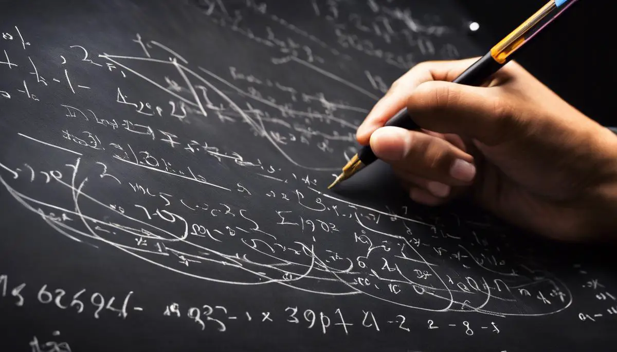 A close-up image of a mathematician working on complex equations on a blackboard.