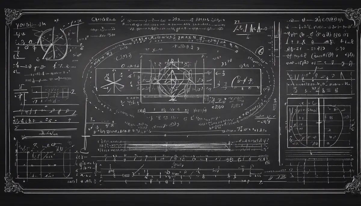 Illustration of mathematic equations and symbols on a chalkboard