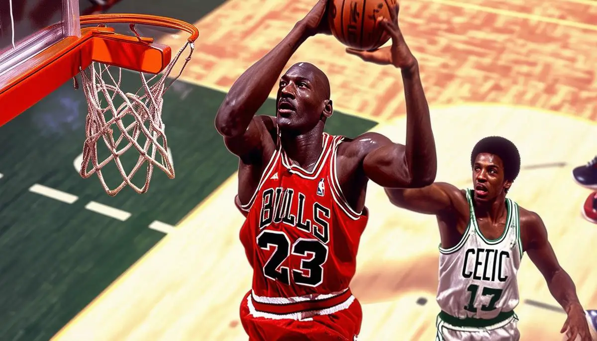 Michael Jordan beim Erzielen seiner Rekord-Playoff-Leistung von 63 Punkten gegen die Boston Celtics 1986
