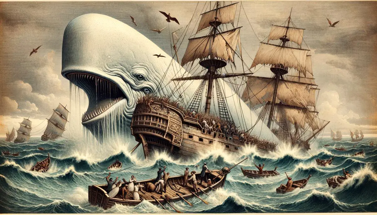 Eine Illustration aus Melvilles Roman Moby-Dick, die den weißen Wal zeigt, wie er ein Walfängerschiff angreift und zerstört